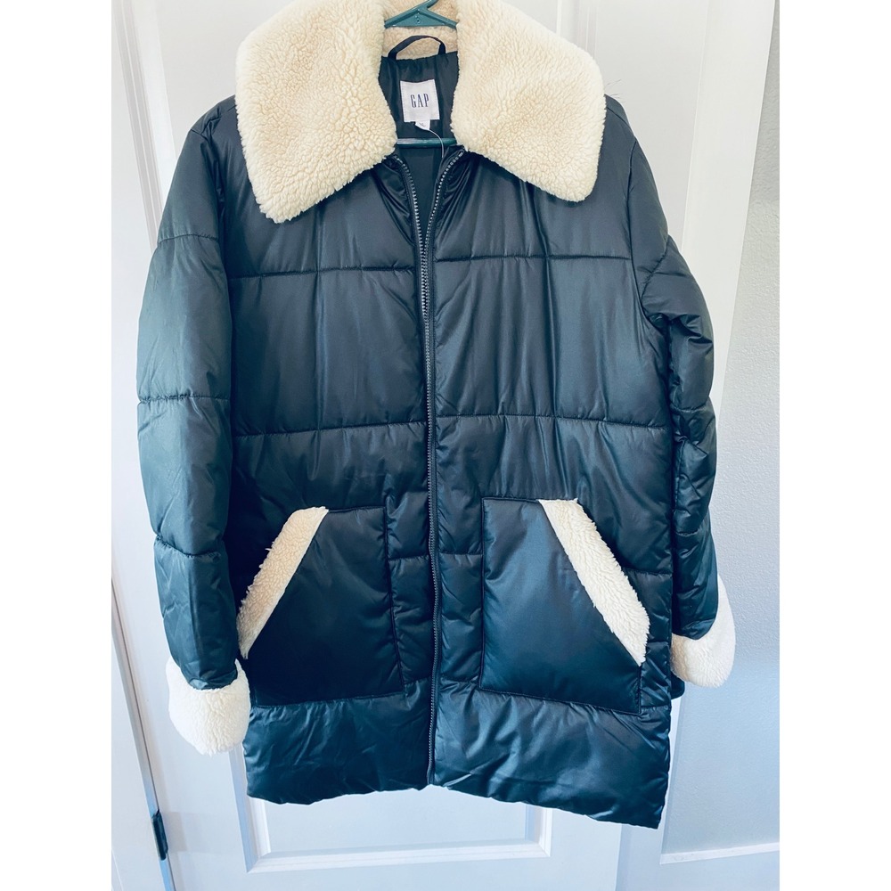 GAP Women Black Puffer Jacket Sherpa Faux Shearling Trim Longline Parka Small